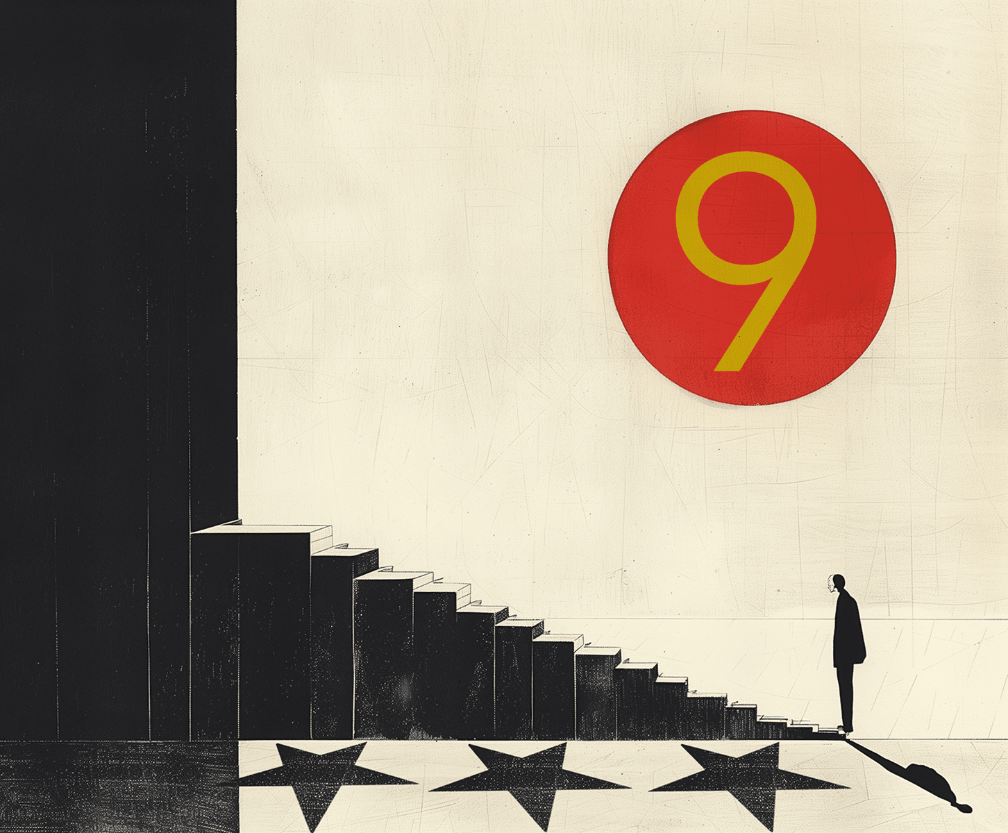 A man stands at the bottom of some stairs with stars labeled underneath them. A large circled nine is above him