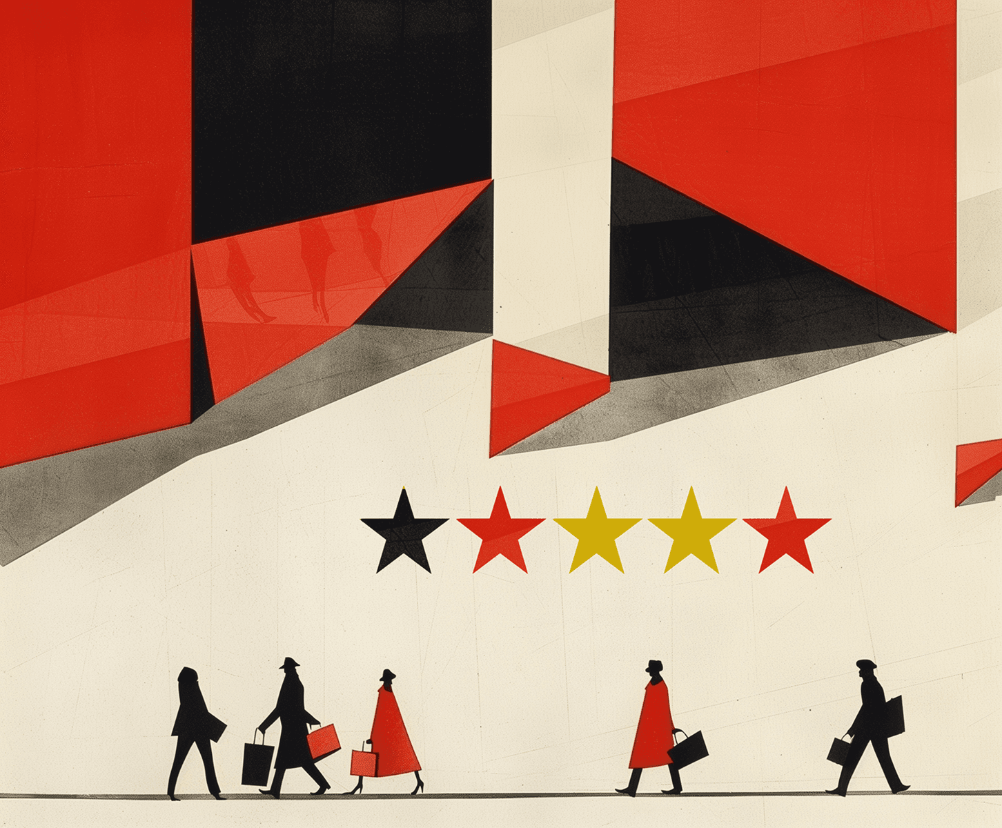 Shoppers walk beneath a five star rating