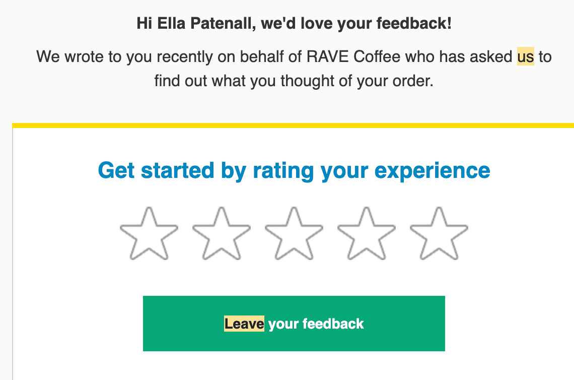 A prompt to leave a review for a coffee company. It says 'Get started by rating your experience', and displays 5 empty stars with a button to leave feedback.