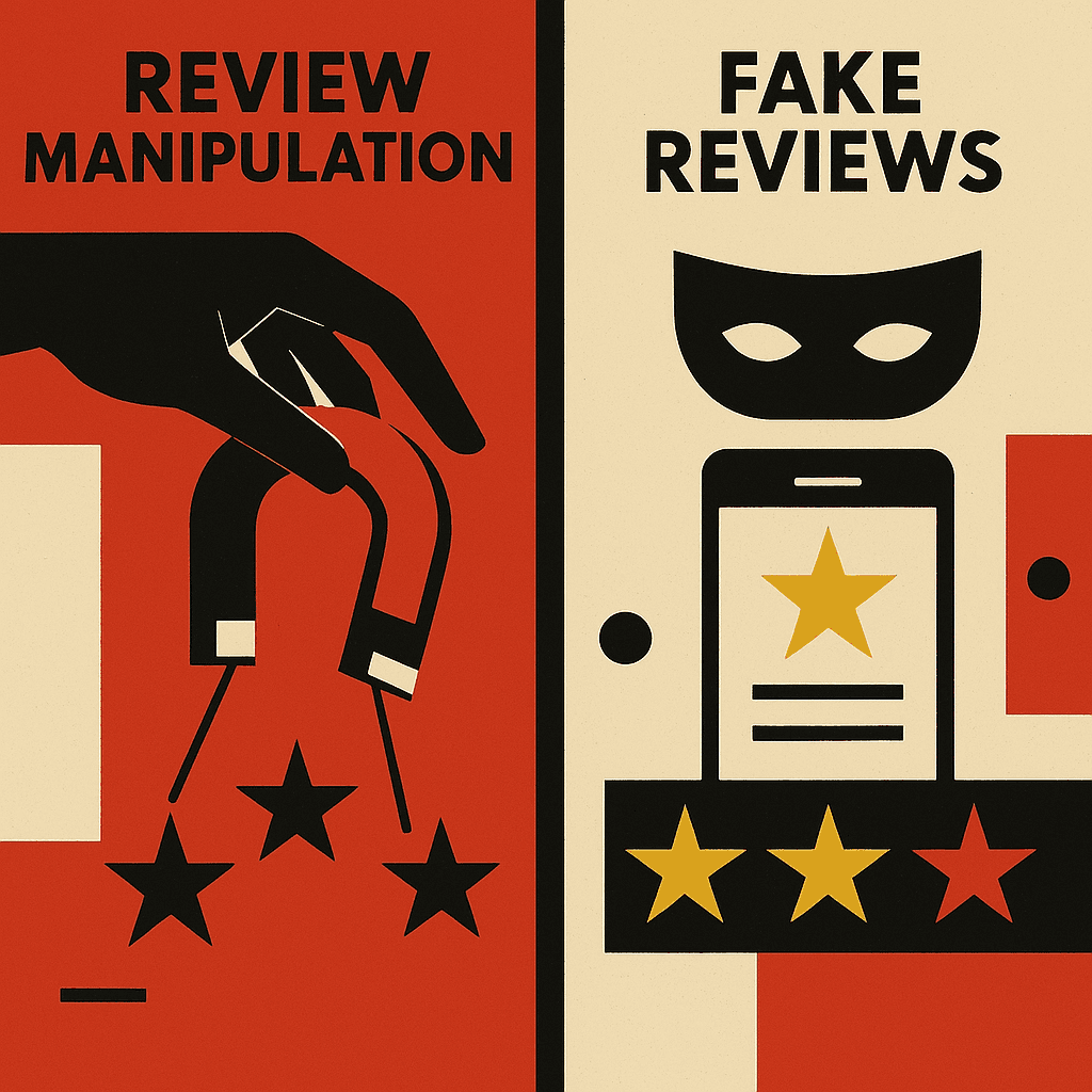 The left side says 'review manipulation' and shows a hand with a magnet attracting stars. The right side says 'fake reviews' and shows an eye mask and a phoe with a star on the screen