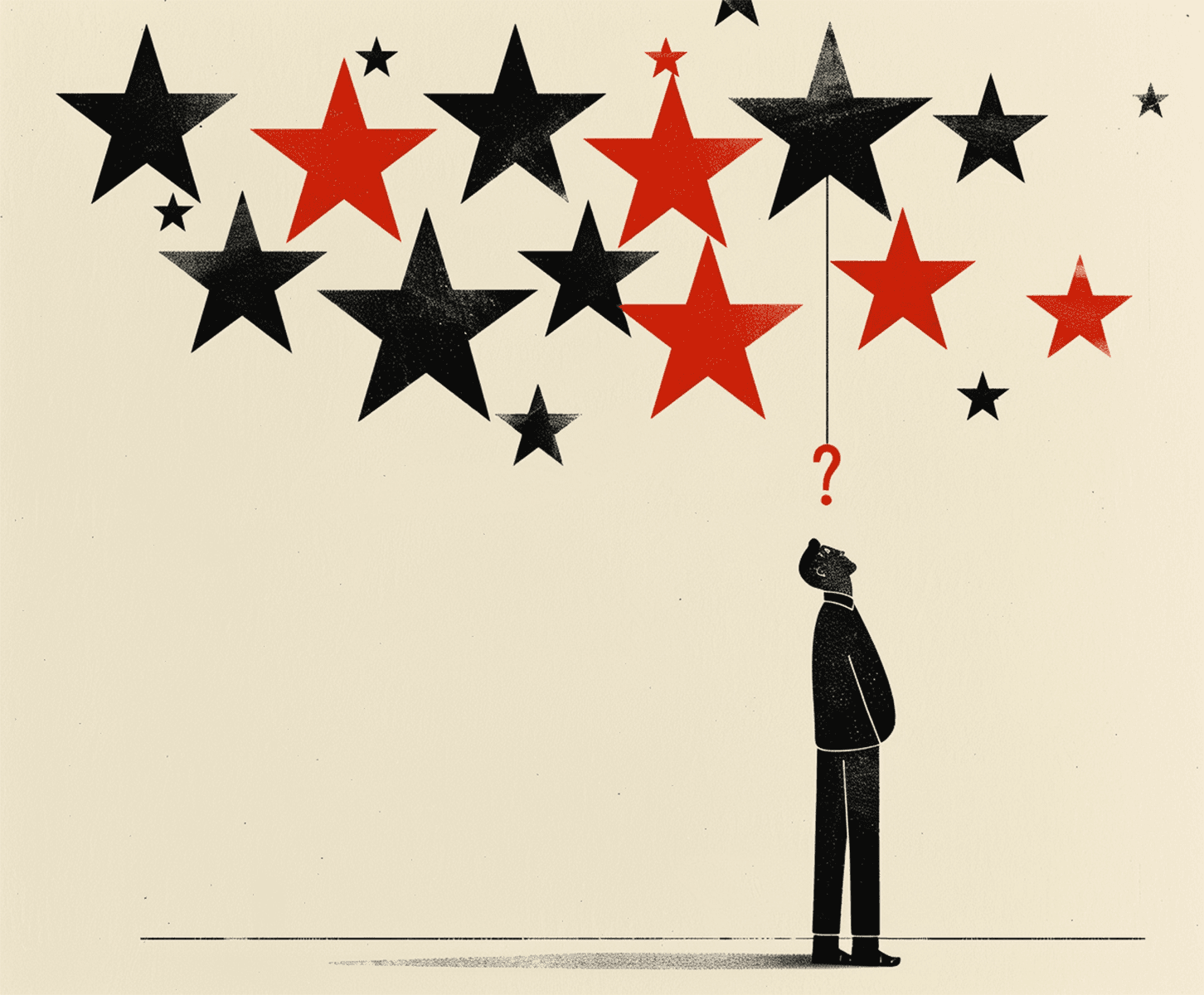 A man looks confusingly at a range of rating stars above him