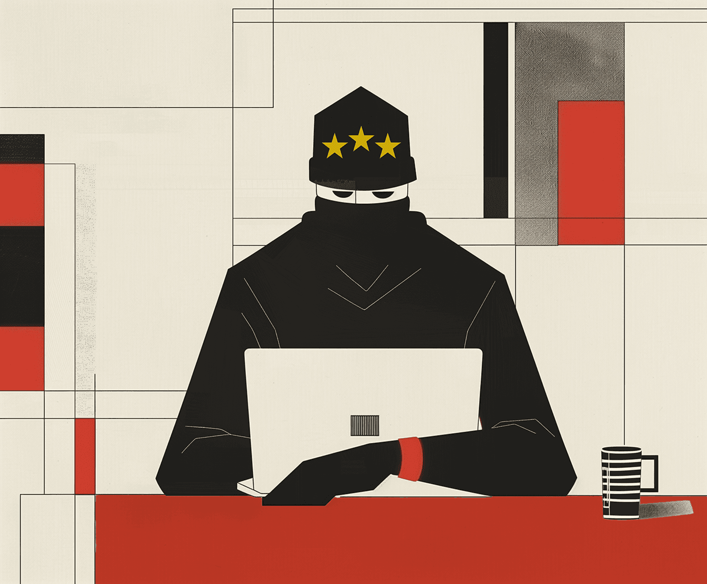 A man with three stars on his hat uses a laptop