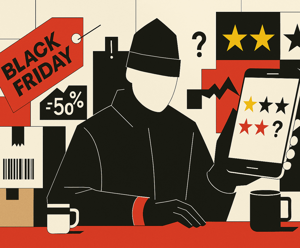 A man looking at his phone with star ratings on it