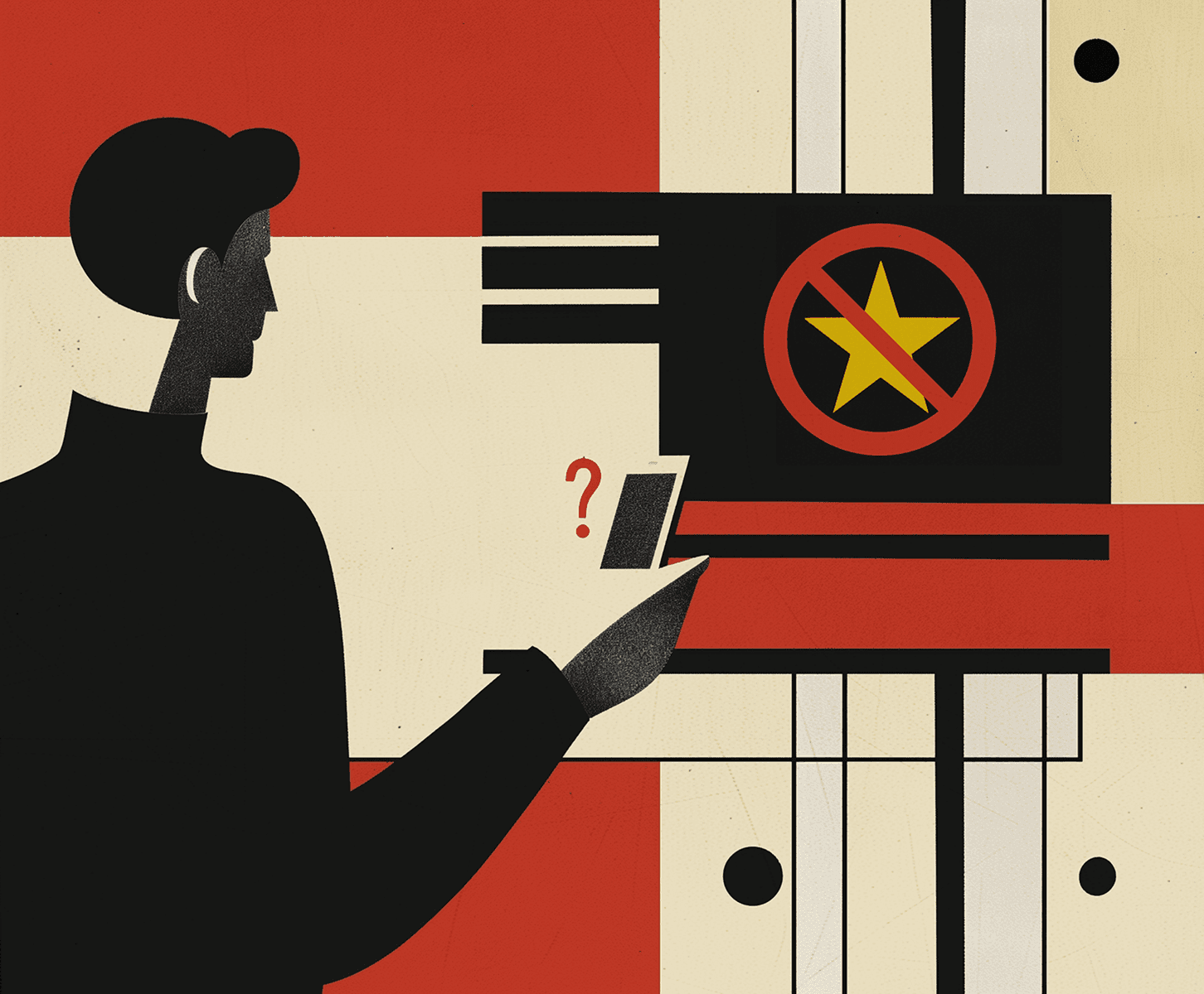 A man looks confusingly at his phone, infront of a screen with a star crossed out on it