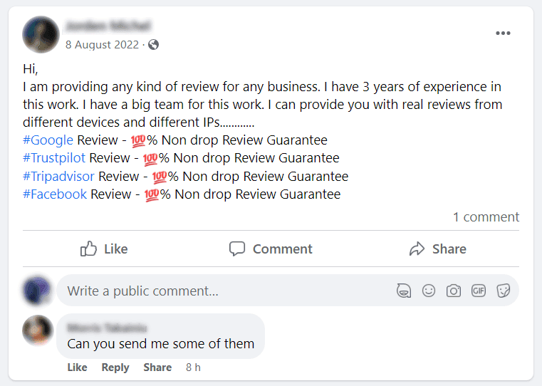 A fakebook post offering fake review writing services.