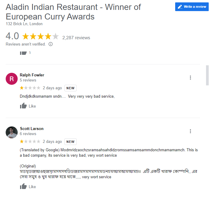 Two Google reviews for Aladin Indian Restaurant. Both show one star reviews, written in a similar way.