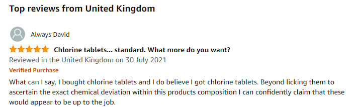 An amazon review for a mosquito lamp that references chlorine tablets.