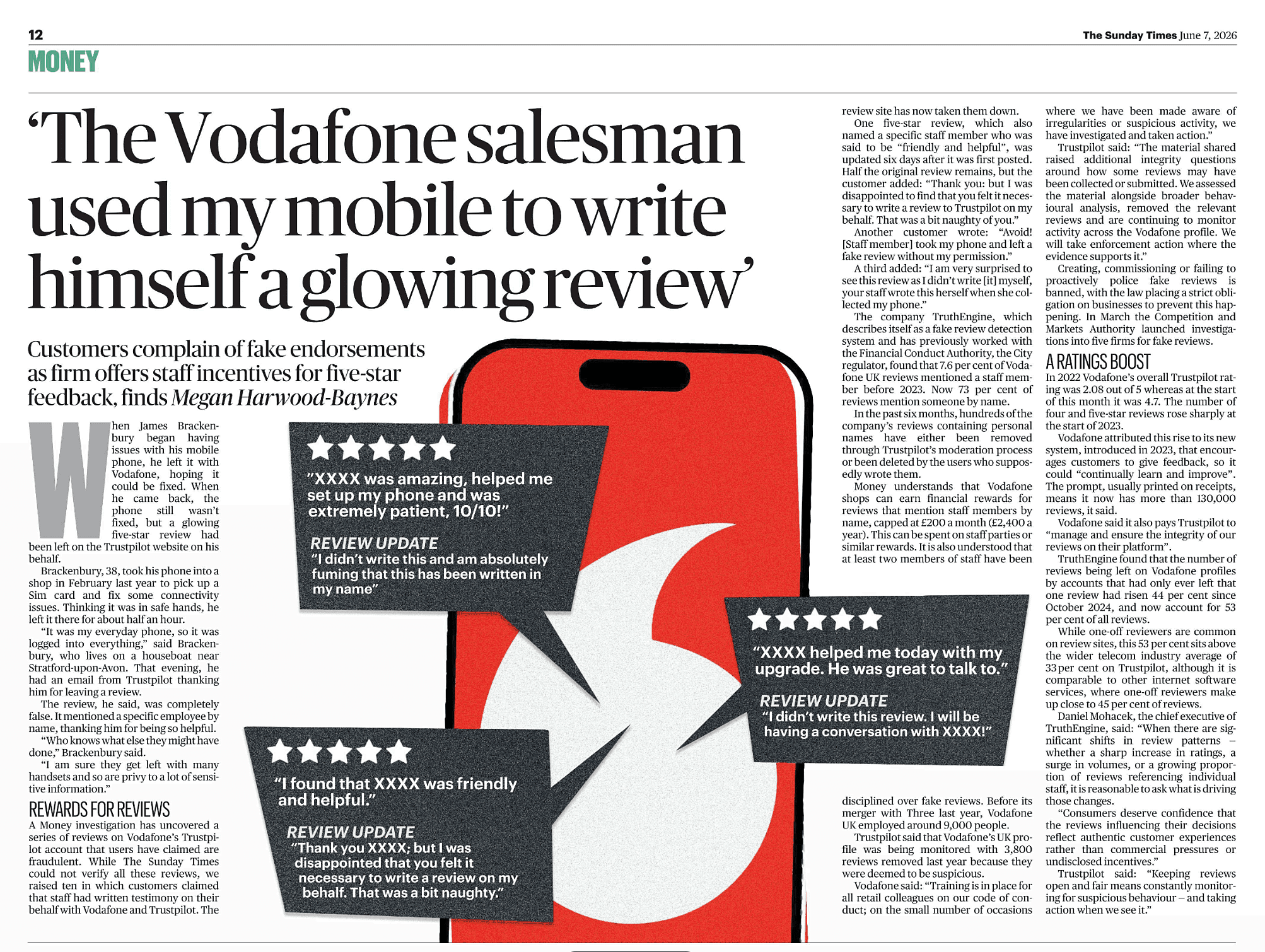 A newspaper article from The Times with the headline 'The Vodafone salesman used my mobile to write himself a glowing review'
