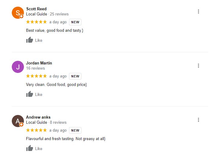 Screenshot of Google reviews showing several reviews for a restaurant that all have a curly brace at the end